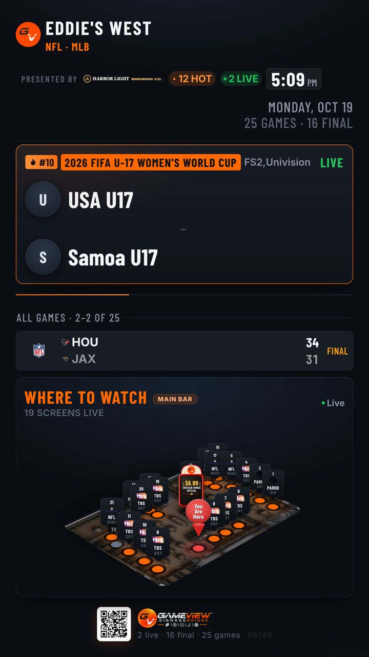 The same live board, at the same moment, on a portrait TV