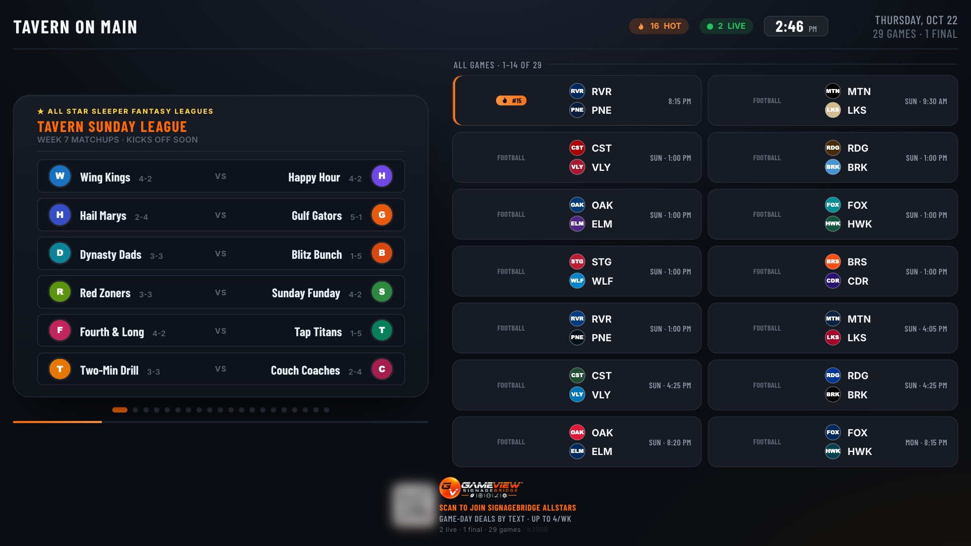 The live board with the fantasy league's six matchups for the week beside the day's games list
