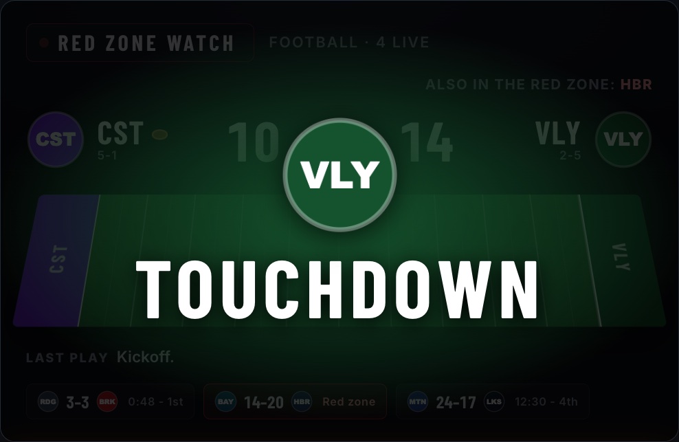 The Red Zone panel's touchdown flash: the scoring team's badge and TOUCHDOWN in its colours